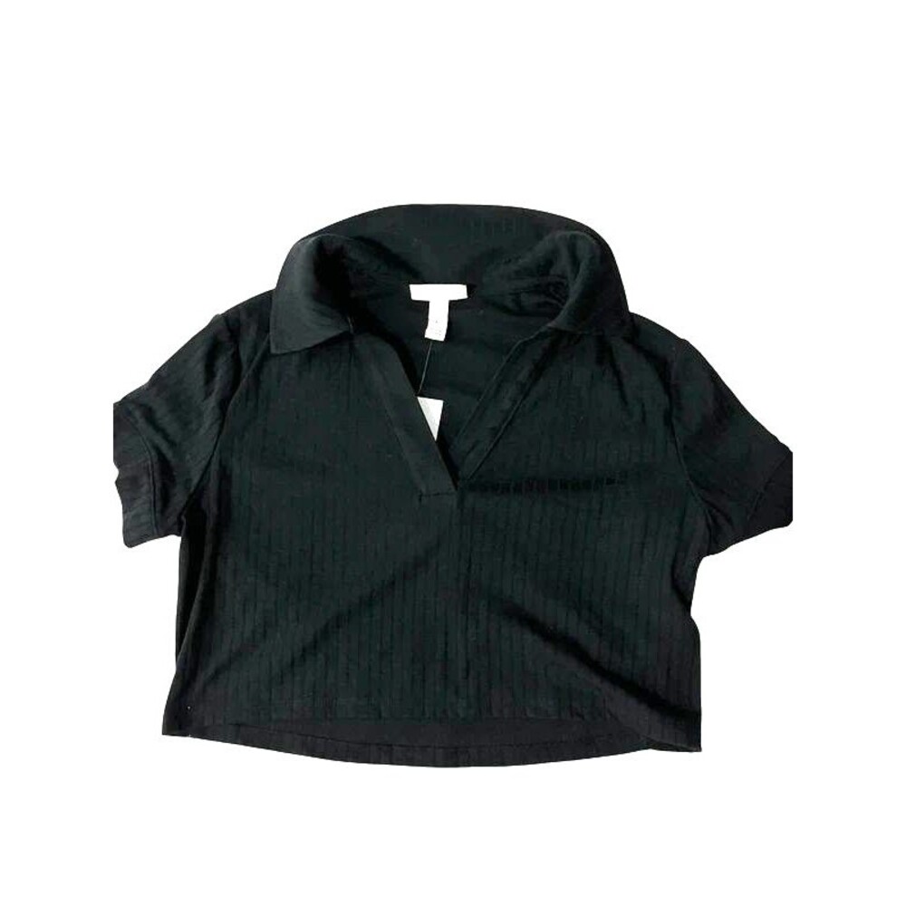 Ribbed Black polo crop shirt MATERNITY